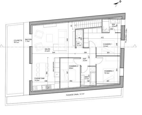 Transformation et surélévation d'un hangar en logement T4 à Saint André de Sangonis (34) - plan du logement à l'étage - RBB architectes