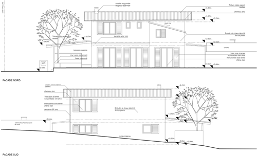 Façades du projet de reconstruction – maison ossature bois T4, Lacoste (Hérault)