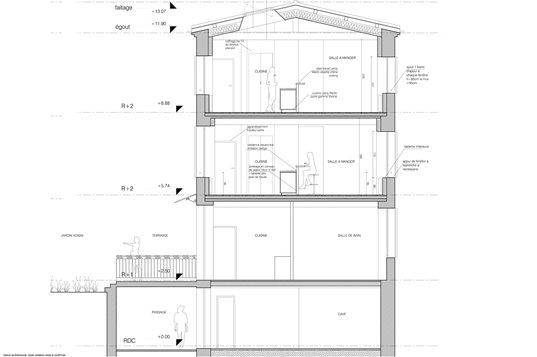 Coupe AA – restructuration immeuble 200 m², Lodève (Hérault)