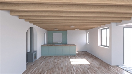 Vue intérieure salon – rénovation maison en pierres T3, Soulages (Hérault)