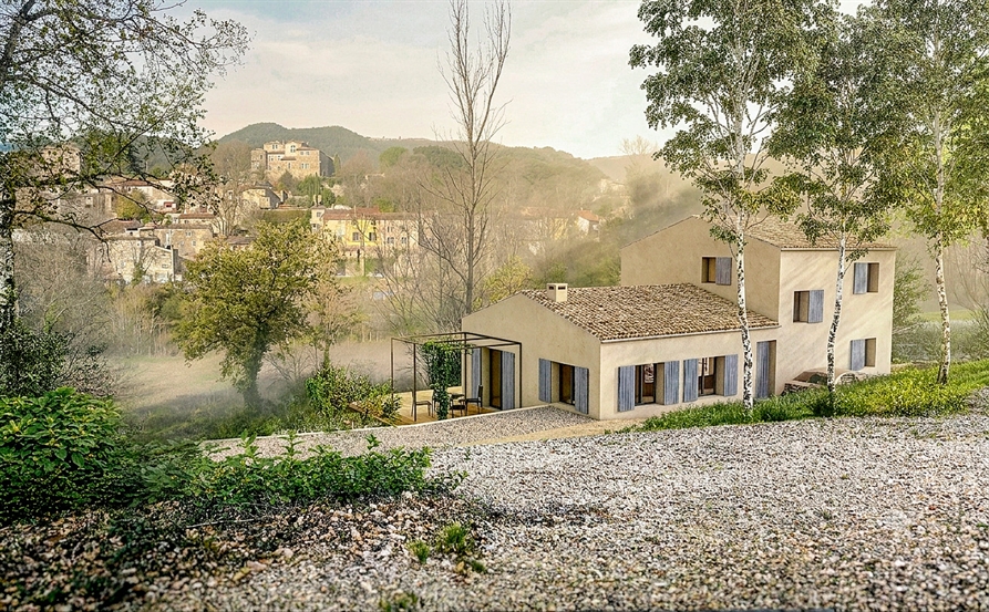 Construction maison individuelle RE2020 – Soubès (34), perspective extérieure sur restanques