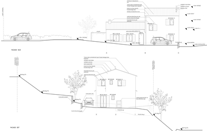Façade latérale – construction maison RE2020, Soubès (Hérault)