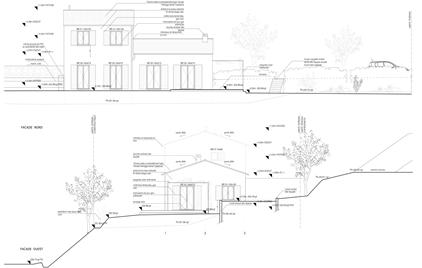 Façade principale – maison briques monomur laine de bois, Soubès (34)