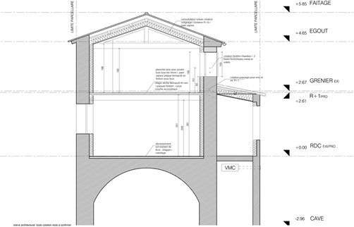Coupe transversale – restructuration maison de village R+1, Soulages (Hérault)