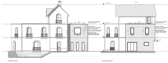 Façades du projet -Surélévation d'une maison – Lodève (34)