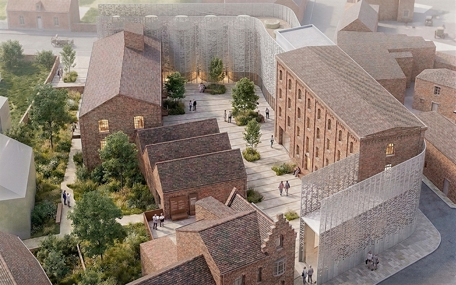 Ruban en métal perforé et cylindres jaunes – projet muséographique minoterie Saint-Venant